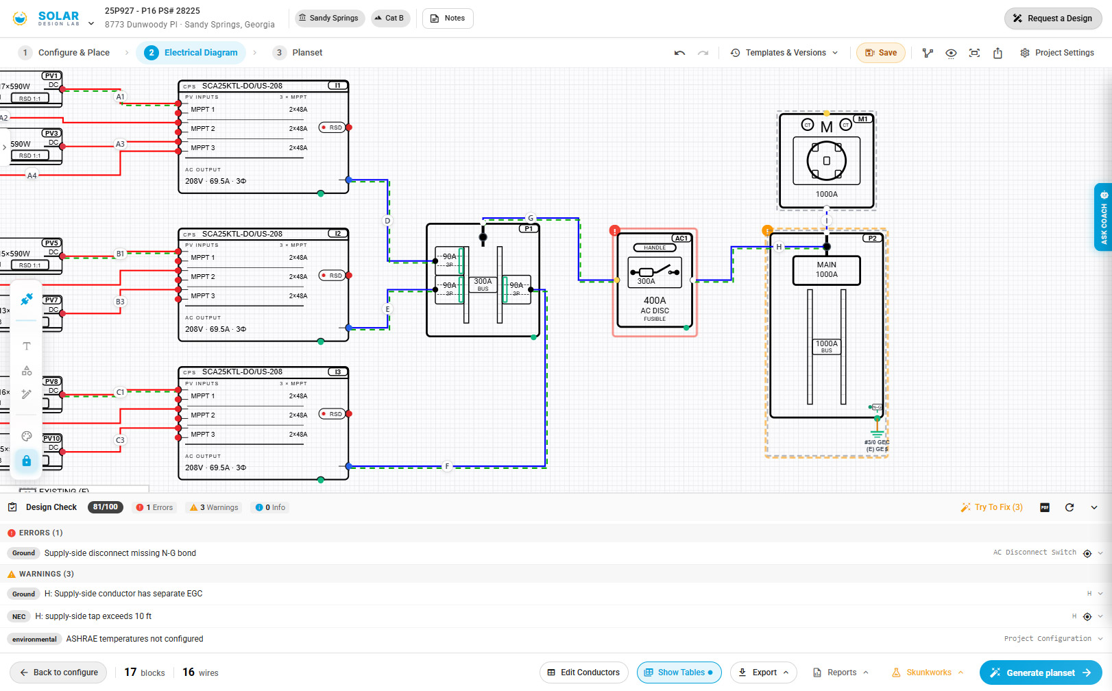 Solar Design Lab editor with the design check engine flagging a missing N-G bond, supply-side EGC, a 10-ft tap-rule violation, and unconfigured ASHRAE temperatures